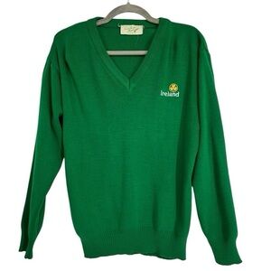 Vintage Quill’s Woollen Market Irish V-Neck Wool Sweater Emerald Green 46”